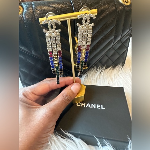 Authentic Chanel CC Drop Earrings Multicolor Crystal Embellished Metal - Picture 2 of 10